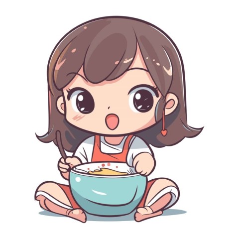 Cute little girl with bowl of noodle. Vector illustration.