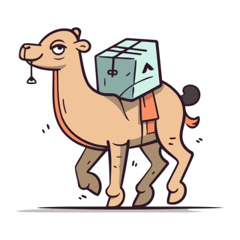 Camel with box. Vector illustration in cartoon style. Isolated o