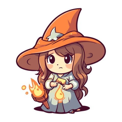 Cute cartoon witch girl holding a burning candle. Vector illustr