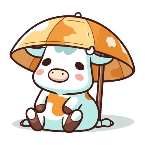 Cute cow with umbrella isolated on white background. Vector illu