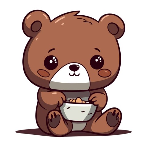 Cute cartoon bear with a bowl of milk. Vector illustration.