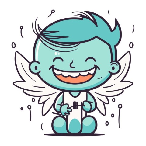 Cute cartoon boy with angel wings holding a book. Vector illustr