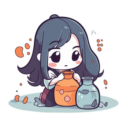 Illustration of a cute little girl holding a jar of pills.