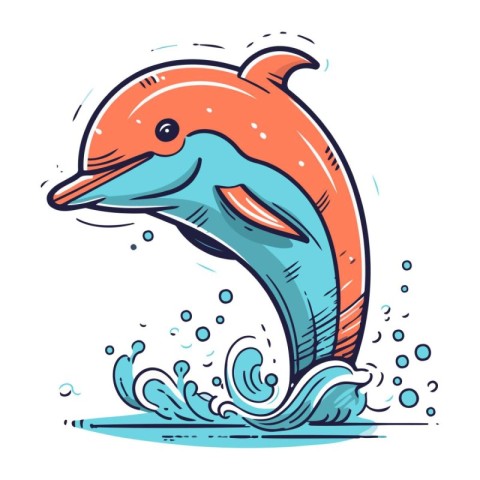 Dolphin jumping out of the water. Hand drawn vector illustration