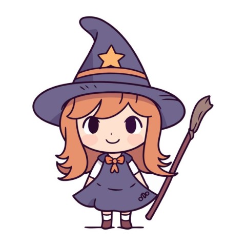 Cute little witch girl with magic wand. Cartoon vector illustrat