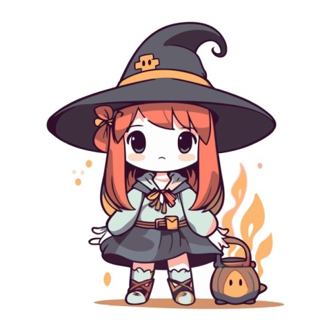 Cute little witch girl in halloween costume. Vector illustration