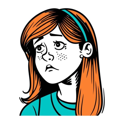 Sad woman with long red hair. Vector illustration of a sad girl.