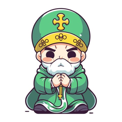 Illustration of a little boy in a green costume with a cross