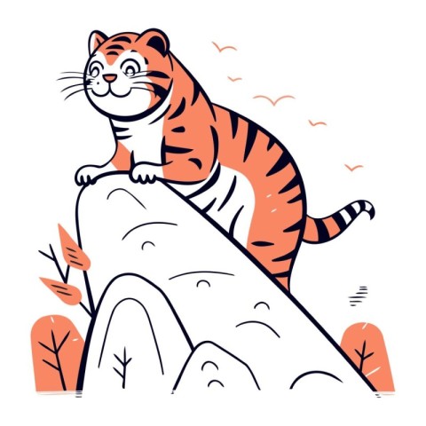 Cute tiger sits on a rock in the forest. Vector illustration.