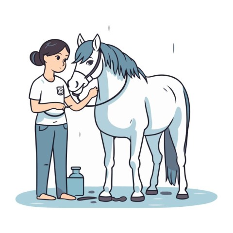 Vector illustration of a girl and a white horse on a white backg