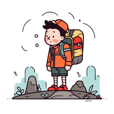 Hiking boy with backpack. Vector illustration in flat cartoon st