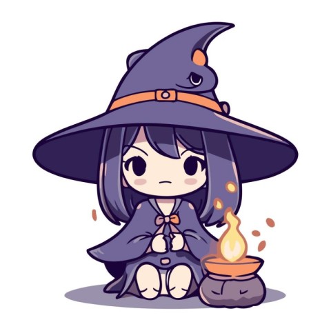 Cute little witch sitting on the floor and holding a candle.