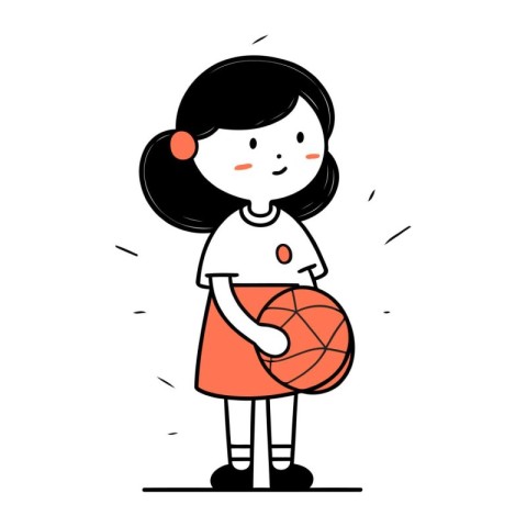 Little girl playing basketball. Cute cartoon character. Vector i