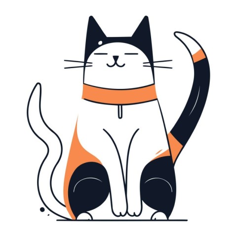 Cute cat with orange collar. Vector illustration in flat style.