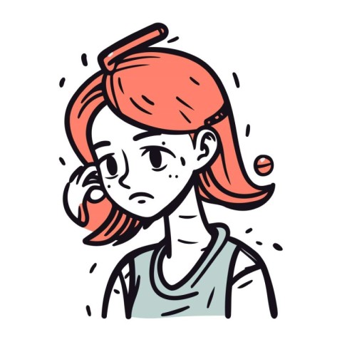 Illustration of a girl with pink hair. frowning and looking at t