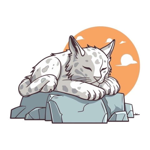 Cute cartoon lynx sleeping on the rock. Vector illustration.