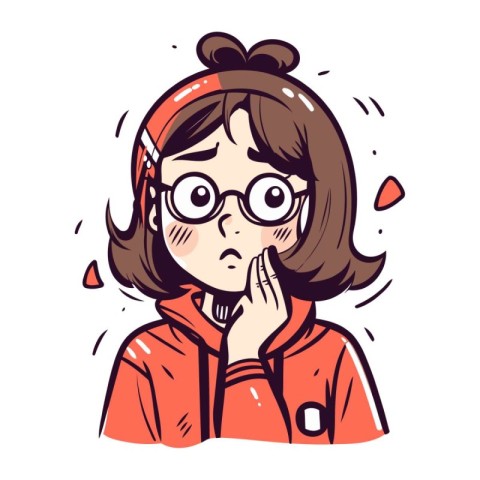 Cartoon woman in red hoodie and glasses. Vector illustration.