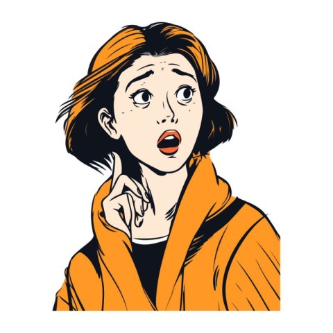 Surprised woman in orange coat. Vector illustration in retro sty