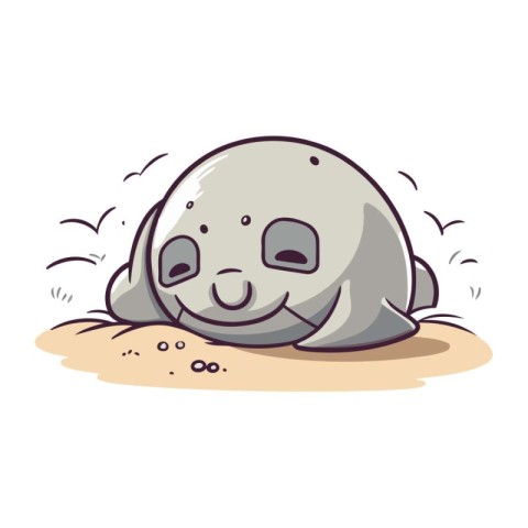 Cute cartoon baby seal sleeping on the sand. Vector illustration