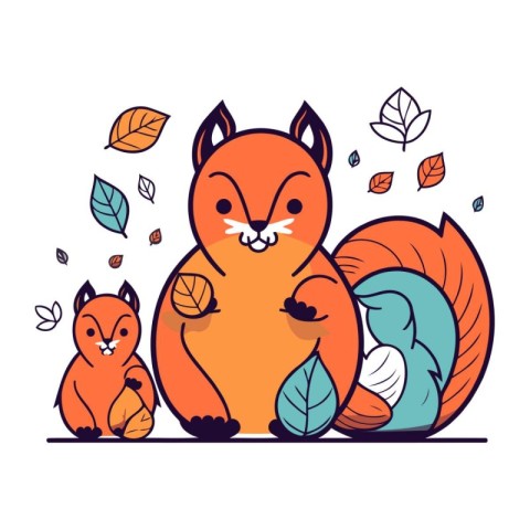 Cute cartoon squirrels with autumn leaves. Vector illustration f