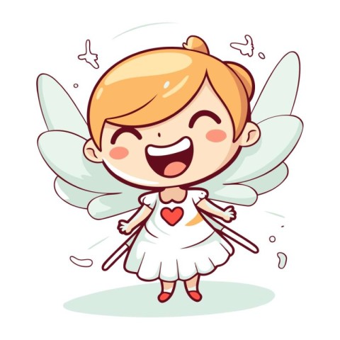 Cute little girl with angel wings. Vector illustration in cartoo