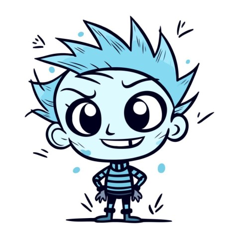 Cute cartoon little boy with blue hair and blue eyes. Vector ill