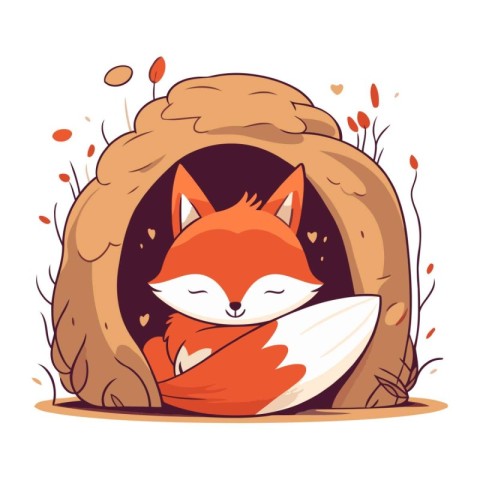 Cute fox in a cave. Vector illustration in cartoon style.