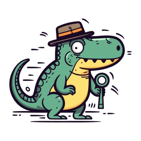 Crocodile in a hat with a key. Vector illustration.