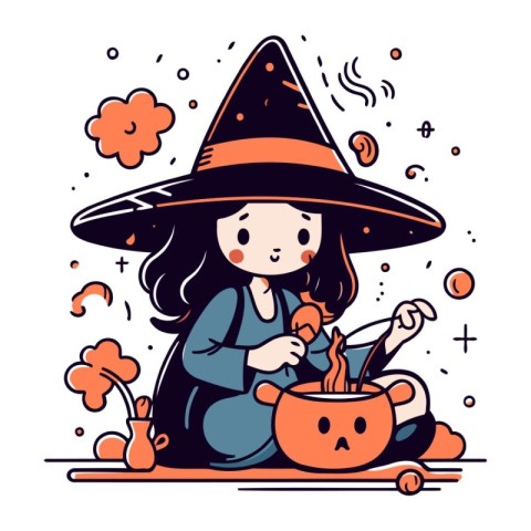 Cute little girl in a witch costume with a pumpkin. Vector illus