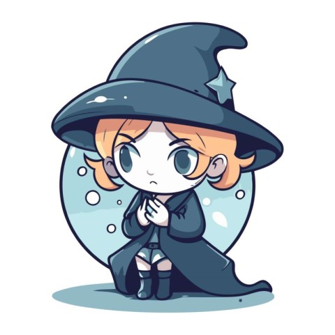 Cute cartoon witch sitting in crystal ball. Halloween vector ill