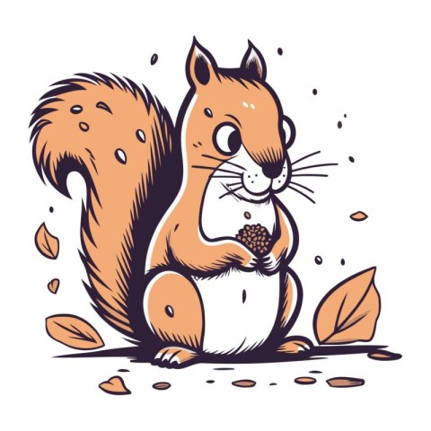 Squirrel with a nut in its paws. Hand drawn vector illustration.