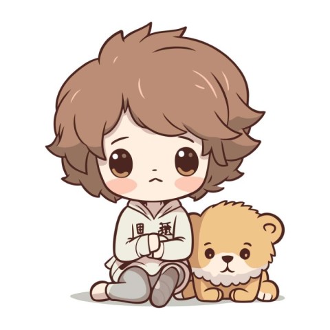 Cute little boy and his teddy bear. Vector illustration.