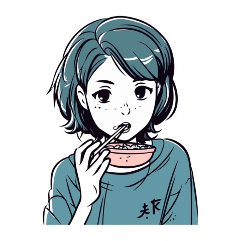 Illustration of a girl eating instant noodle with chopsticks.