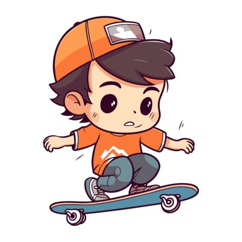 Cartoon boy with skateboard. Vector illustration isolated on whi