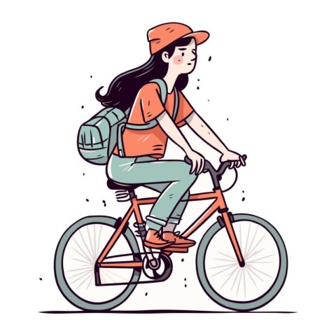 Young woman riding a bicycle. Vector illustration in line art st