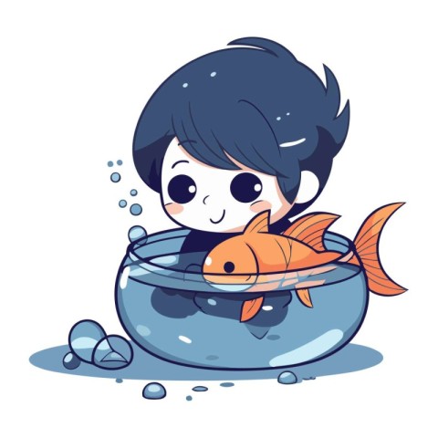 Little boy and goldfish in a bowl. Cartoon vector illustration.