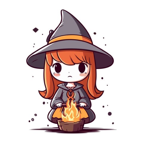 Cute little girl witch with a bonfire. Vector illustration.