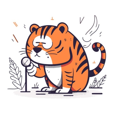 Cute tiger with microphone. Vector illustration in doodle style.