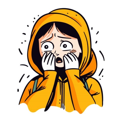 Surprised girl in a yellow jacket. Vector illustration on white