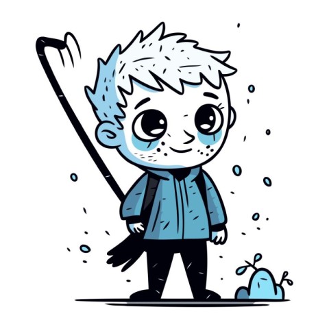 Cute cartoon boy with a broom. Vector illustration on white back