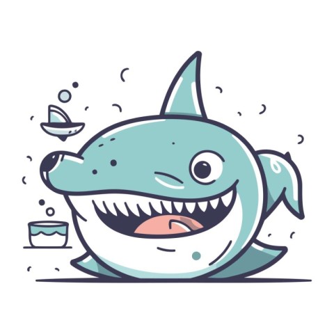 Cute cartoon shark character. Vector illustration in line art st