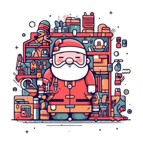 Santa Claus in the workshop. Christmas and New Year vector illus