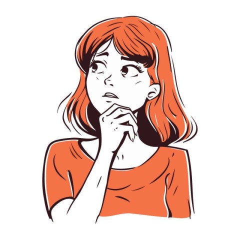 Illustration of a young woman thinking with her hand on her chin