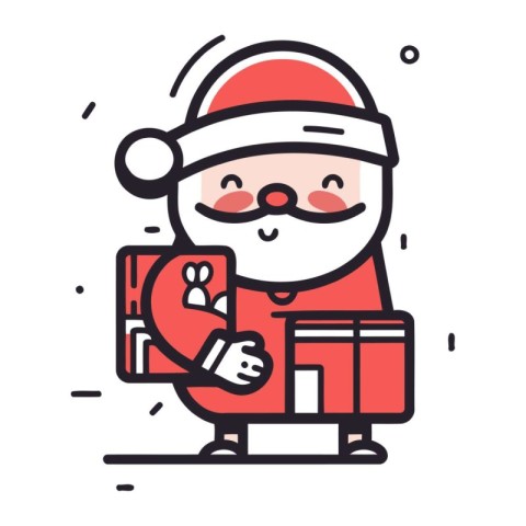 Santa Claus holding a gift box. Vector illustration in line styl