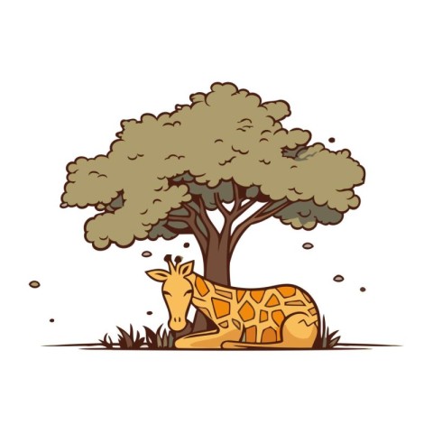 Giraffe under the tree. Vector illustration on white background.