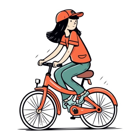 Young woman riding a bike. Vector illustration in hand drawn sty