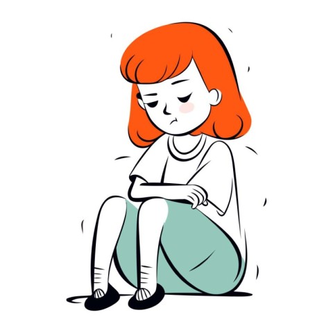 Sad girl sitting on the floor. Vector illustration in cartoon st