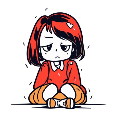 Sad girl sitting on the floor. Vector illustration of a sad girl