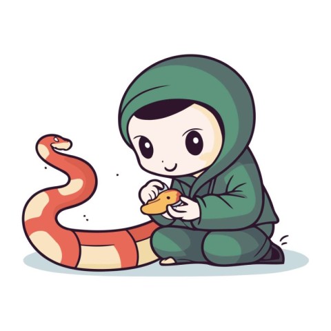 Cute boy playing with snake. Vector illustration in cartoon styl