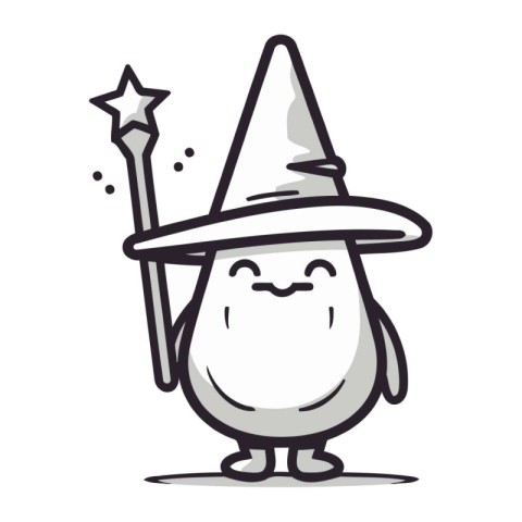 Cute penguin with magic wand and hat. Vector illustration.